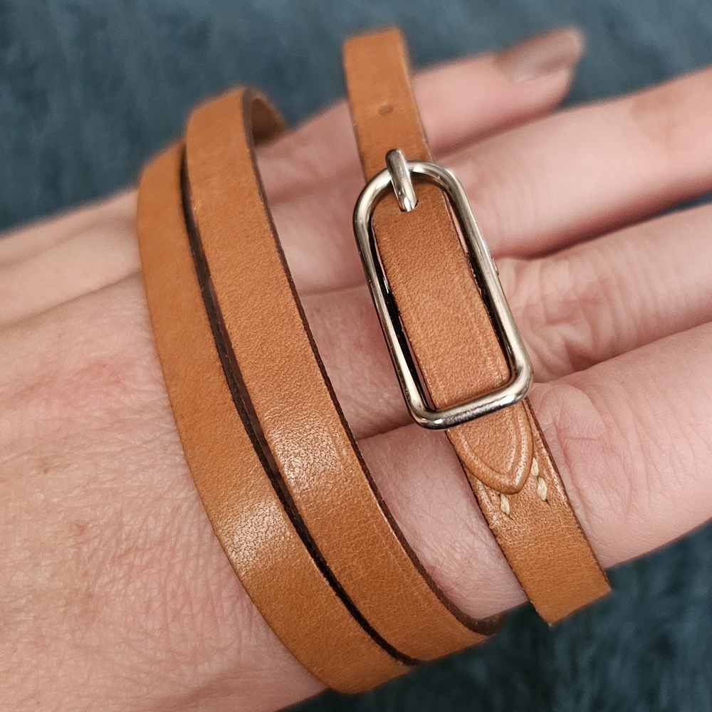 Hermes Tan Leather Bracelet with Silver Clasp